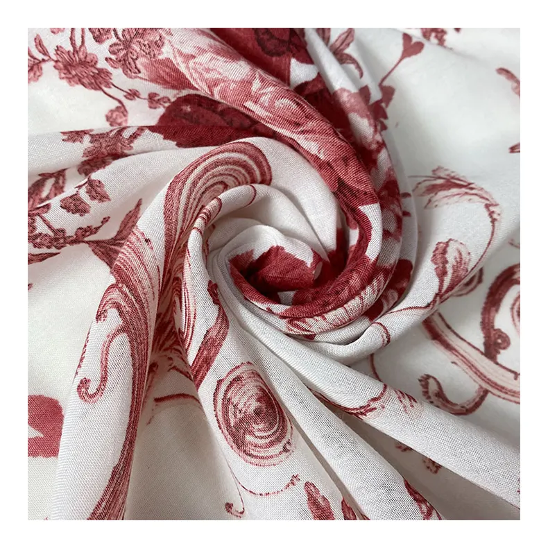 Harvest 100% Spun Polyester Vải Sheer Voile Pongee Fancy Red Floral Tùy Chỉnh Polyester In Vải Cho Phụ Nữ Và Trẻ Em