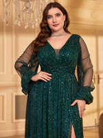Robe de soirée élégante vert émeraude à col en V, manches longues, taille haute, paillettes scintillantes, fente latérale, pour femme grande taille, idéale pour les mariages et l'été