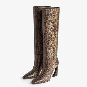 High Hook Heels Leopard Long <b>Boots</b> Dress Stiletto Square Toe Shoes Women's Animal Prints Knee High Booties - Product Image 1