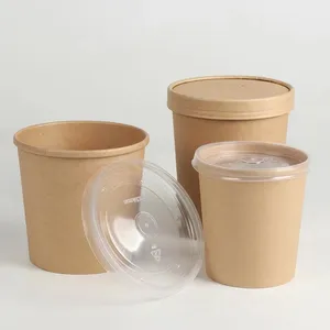 कस्टम मुद्रित डिस्पोजेबल दूर ले क्राफ्ट पेपर कप गर्म सूप पैकेजिंग कप आइस क्रीम कप Lids के साथ