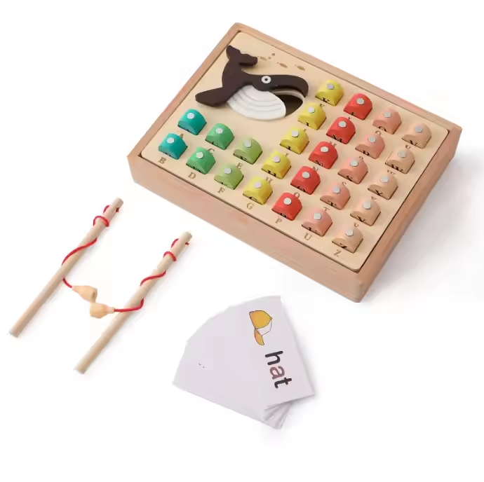 Children's Wooden Fishing Game Set Educational Alphabet Letter Learning Puzzle Board Spelling Toy