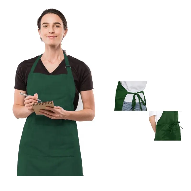 Tablier de ménage anti-encrassement en coton réglable vert Tablier de serveur imperméable à l'eau de taille de couleur personnalisée avec poches