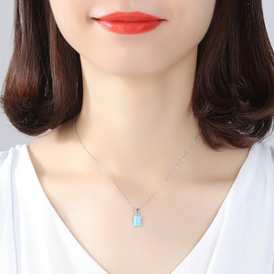 S925 Silver Blue Opal Pendant Necklace Rhodium Plated Claw Setting Square Classic Style Unisex Everyday Wear <b>Box</b> Chain - Product Image 2