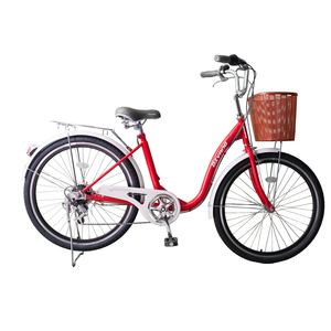 DIVANO Vélo de ville rétro pour femmes de 24 pouces, 6 vitesses, rouge, avec fourche en acier, freins à tambour avant/arrière, cadre bas pour adultes - Product Image 1