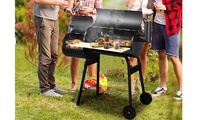 Four Grande Surface De Cuisson Chariot Fumeur Offset Tambour À Huile Baril Charbon De Bois Barbecue Grill Avec Table D'appoint Barbecue En Plein Air BBQ Party Time
