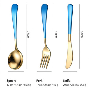 Ensemble de couverts en acier inoxydable 304 avec cuillère à dessert, couteau à steak et fourchette, finition miroir bicolore, vaisselle pour restaurant - Product Image 2
