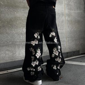 Jeans de hombre personalizados con bordado 3D, lavado vintage, efecto apilado, de pierna ancha y oversize, tallas grandes - Product Image 1