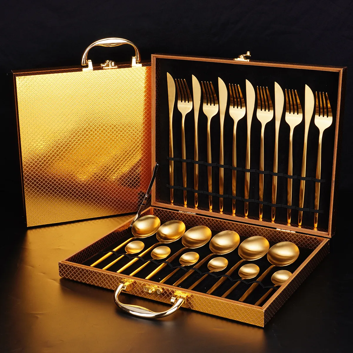 Luxus Portugal Stil Edelstahl Besteck Set Spiegel Polnisch Besteck Löffel Gabel Messer 24 Stück Gold Besteck Set
