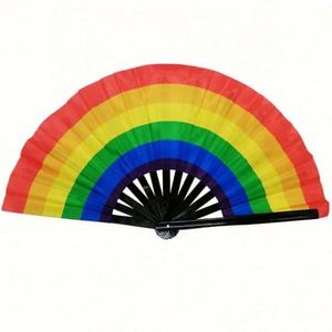 Grand éventail pliant arc-en-ciel pour la danse et les festivals de musique, style féerique sculpté avec des baleines en bambou, idéal pour les Drag Queens et les Raves - Product Image 2