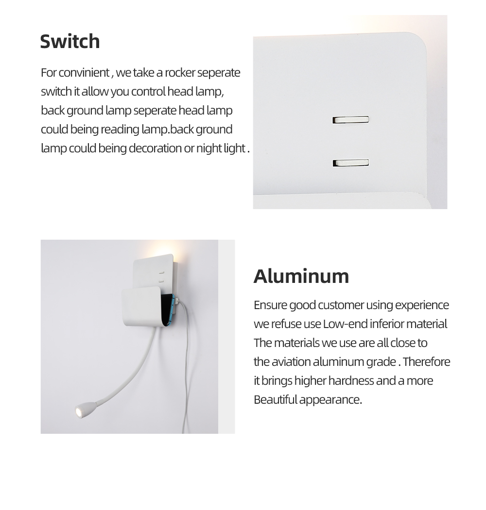 Modern Decorative Led Wall Lamp Bedside Light With  U-Shaped Storage Table With USB Charger For Bedroom