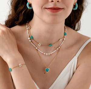 Ensemble de bijoux plaqué or 18 carats, boucles d'oreilles demi-rondes en forme de goutte d'huile européennes, colliers en turquoise bleue, perles d'eau douce et pierres œil de tigre - Product Image 3