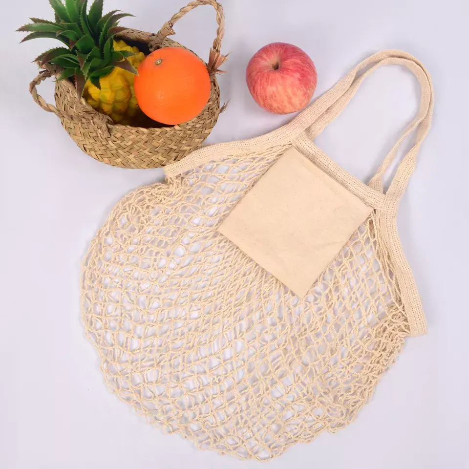 Eco friendly portable reusable vegetable and fruit string bag recycled cotton mesh folding shopping tote bag
