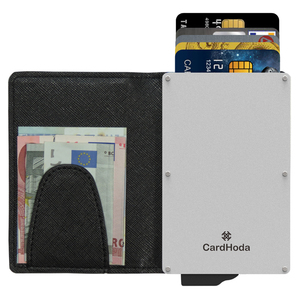 การ์ดโฮดา สลิม ยูนิเซ็กส์ที่ใส่บัตรอะลูมิเนียม ป้องกัน RFID ดีไซน์เรียบง่าย กระเป๋าสตางค์แบบสั้น ปิดแบบพับ สีดำ - Product Image 1