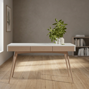 Escritorio moderno de madera escandinava con superficie blanca y tres cajones para uso en oficina en casa - Product Image 3