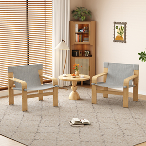 Poltrona in Legno di Quercia con Braccioli Larghi, Stile Mid-Century, Rivestimento in Lino, Struttura in Legno Massello, Sedia per Soggiorno - Product Image 1