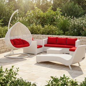 Ensemble de salon d'extérieur en rotin PE blanc durable avec coussins rouges pour villa, jardin, patio, bord de piscine - Product Image 1