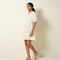 Robes en vrac pour femmes en lin et coton, col Peter Pan festonné, manches courtes bouffantes, taille empire, style décontracté Cottagecore, mini-robe