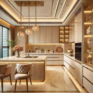 Muebles de Cocina Modernos de Lujo con Acabado en Madera, Gabinetes de Cocina Modulares de Madera Contrachapada/Laca con Tira de Luz LED e Isla de Cuarzo - Product Image 5