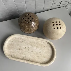 Stonekocc Brand 25x12x2cm Travertine Stone Carving Oval Sundries Tray Small Natural Marble Tray Ornaments Catchall Storage