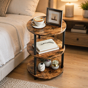 Tavolino <span class=keywords><strong>da</strong></span> Caffè Moderno a 3 Ripiani con Struttura in Metallo, Comodino Stretto, Finitura Marrone Rustico per Camera <span class=keywords><strong>da</strong></span> Letto e Soggiorno - Product Image 1