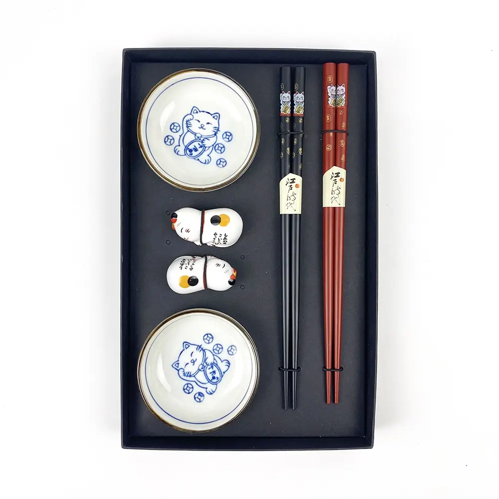 Japanese Lucky cat Ceramic Dish with chopsticks Porcelain Vinegar Plate Small Soy Sauce Dish Diner Ware