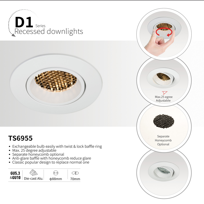 TOSEO 68mm Cutting Anti Glare Downlights Adjustable Mr16 LED Spotlight