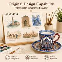 Ensemble tasse et soucoupe en céramique souvenir du Maroc, motifs architecturaux géométriques pour tasse à café en porcelaine, personnalisation OEM ODM, vente en gros
