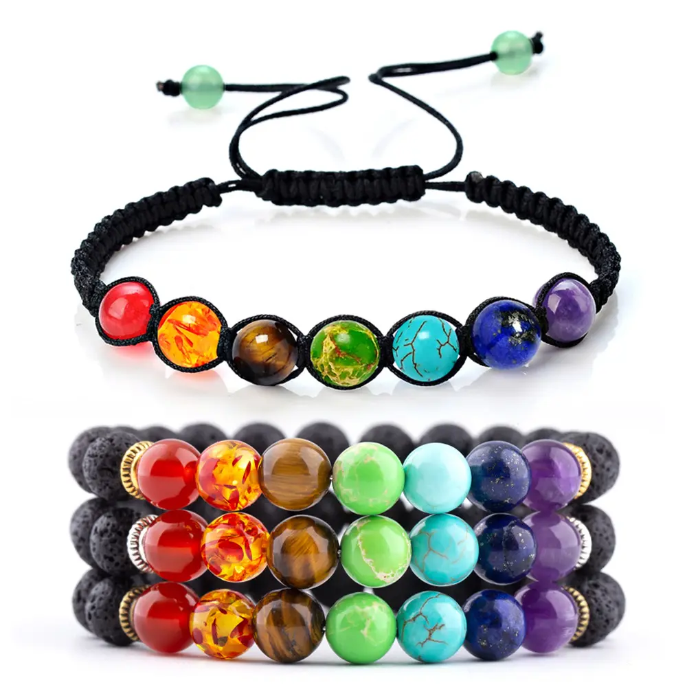 Pava 7 Chakra Armbanden Natuursteen Geweven Armband 8Mm Kralen Nylon Koord Gevlochten Chakra Zwart Koord Armbanden