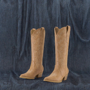 Bottes de cowboy mi-mollet pour femme, style western, à bout pointu, talon épais, à enfiler, brodées, marron, tendance - Product Image 3