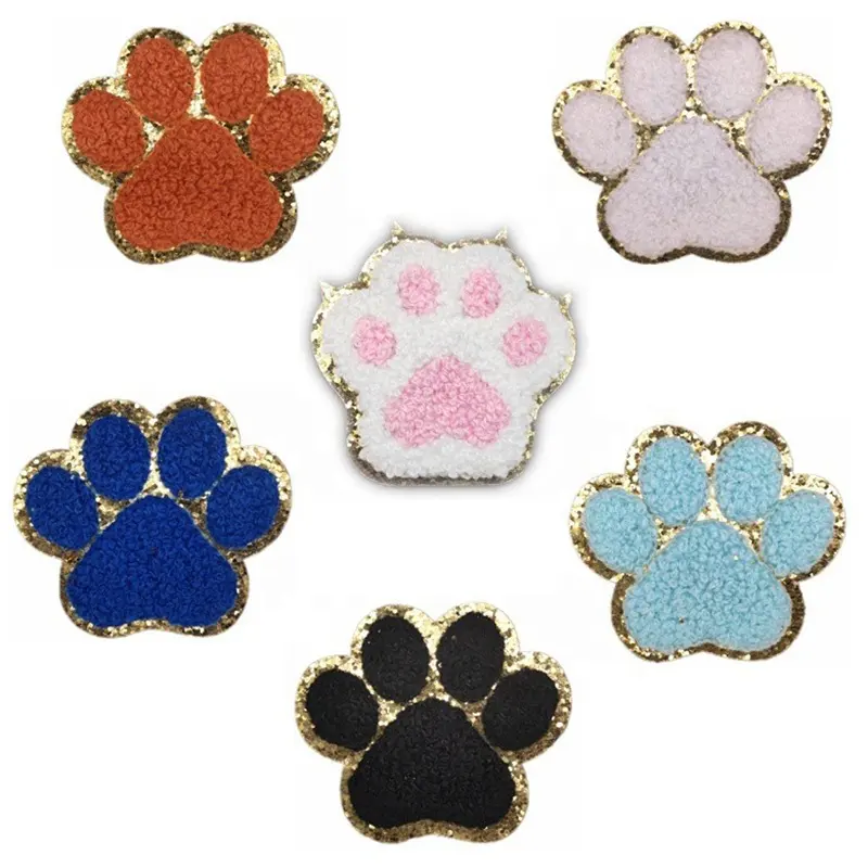 Hot Sale Fashion DIY Garment /Bag Accessory 3D Embroidery Chenille Patches Gold Glitter Dog Paw Print Patch With Iron On Backing