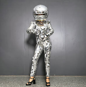 Combinaison moulante une pièce pour femme, effet miroir argenté, avec casque et détails en verre miroir, en <span class=keywords><strong>acrylique</strong></span>, pour spectacle, concours de talent, DJ, danse, bar, fête, adulte - Product Image 4