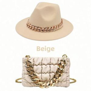 Custom Wholesale Vintage British Style Lady Wide Flat Brim Wool Panama Fedora Hat and Purse Fedora Hat With Chains - Product Image 4
