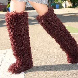 <strong>Womens</strong> <strong>Burgundy</strong> Faux Poodle Fur Over the Knee <strong>Boots</strong> Winter Flat <strong>Boots</strong> - Product Image 4