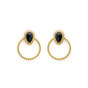 Unique Design Gold Plated Twisted Tear Drop Shape <b>Black</b> Stone <b>Stud</b> <b>Earrings</b> Stainless Steel Natural Stone <b>Earring</b> Jewelry - Product Image 3