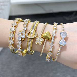 Bracelet manchette ouvert JXX Factory pour femme, en laiton de luxe élégant, plaqué or 24 carats et zircon cubique, vente en gros, bracelets tendance - Product Image 1