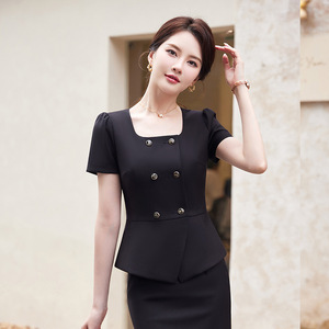 Women's Professional Short Sleeve Suit Set Square Collar Satin Summer Elegant Short Skirt For Office Work - Product Image 4