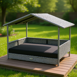 Cama con Dosel de Ratán Gris para Mascotas, Muebles de Exterior Resistentes al Agua, Diseño Moderno, Casa para Perros de Raza Grande, Forma Rectangular - Product Image 2