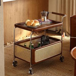 Carrito de almacenamiento de madera maciza con ruedas, estructura de acero inoxidable, estante de ratán, carrito móvil de 2 niveles para sala de estar, dormitorio, estudio - Product Image 2