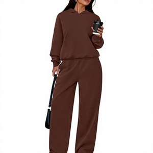 Conjunto de Sudadera con Capucha y Pantalones de Felpa para Mujer, 2 Piezas, Color Sólido, Corte Holgado, Casual, Manga Larga, 100% Algodón, Transpirable, Invierno - Product Image 1