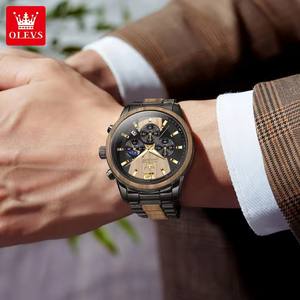 OLEVS 3645-Montres chronographe à quartz en bois <span class=keywords><strong>massif</strong></span> avec aiguilles lumineuses, étanches, en acier inoxydable texturé, avec phase de lune pour hommes - Product Image 5