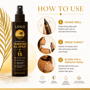 Brume Bronzante Haute Qualité Effet Hâle Doré Hydratante à l'Aloe Vera et Huiles Naturelles Peau Douce SPF+++++ OEM Huile Bronzante Hydratante en Spray - Product Image 4