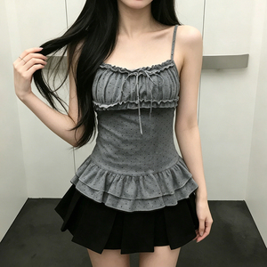 Polka Dot Ruffle Camisole Top V Neck Women <b>Spaghetti</b> <b>Strap</b> Slim Fit Tank Y2K Casual Sweet Versatile Summer Top - Product Image 2