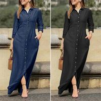 I-0231 vêtements pour femmes femmes longues robes en jean col de chemise bouton en jean manches longues jupe décontracté dames robe en jean