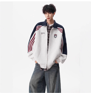 Veste de sport à manches longues pour homme, en coton/fibre de bambou, avec fermeture éclair, coloris bleu marine et rouge, à rayures - Product Image 5