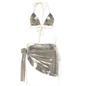 2026 Spring New Women's Personalized <strong>Bright</strong> Button Sexy Hanging Neck Strap Three Piece Swimsuit Set - Product Image 6