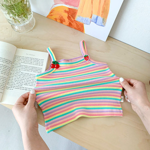 Camisetas sin mangas de algodón para niñas de menos de 4 años, <span class=keywords><strong>chaleco</strong></span> camisero fino a rayas de arcoíris de verano con flores y fresas - Product Image 4