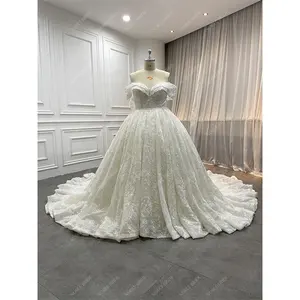 Golden Supplier Floral Lace Fabric Detachable Train Ball Gown Luxury Custom Bridal Silver Appliques Wedding Gown Romantic