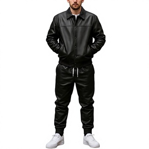 Men's Leather Look Tracksuit Set Full Length Jacket With Button Up Collar And Drawstring <b>Pants</b> Casual Autumn Wear - Product Image 1