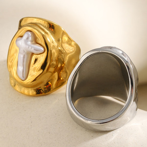 2026 Viral Hammered Irregular Frame Pearl Embedded Cross Stainless Steel Two Tone Unisex <b>Thick</b> Band Signet Finger <b>Ring</b> - Product Image 5