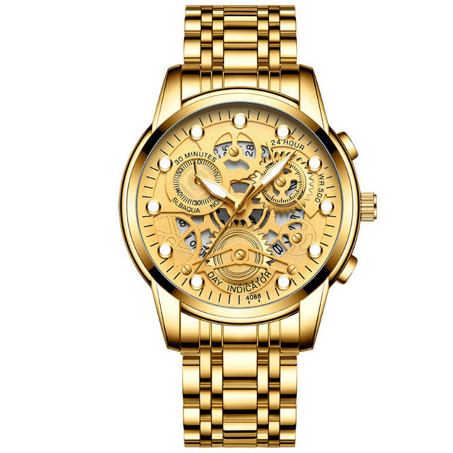 Fngeen 4088 Brand Gold Men's Automatic Quartz Watch Hollow Skeleton Design Stainless Steel 22mm Waterproof Luminous Sports Alloy